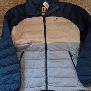 NEW L.L. Bean Women's Down Jacket, Colorblock Blue and White - Medium